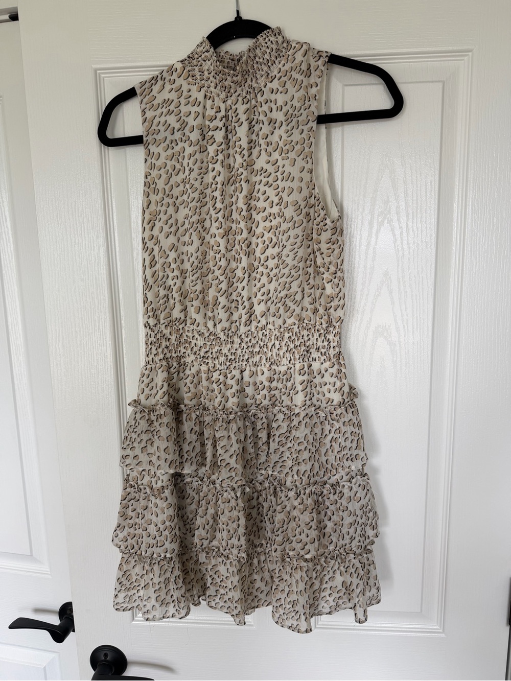 Express Beige and Black Leopard Print Smocked Neck Blouse